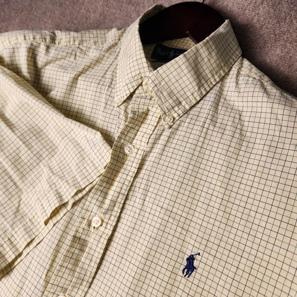 Ralph Lauren Button Down Shirt Mens L Yellow Green Blake Plaid Short Sleeve